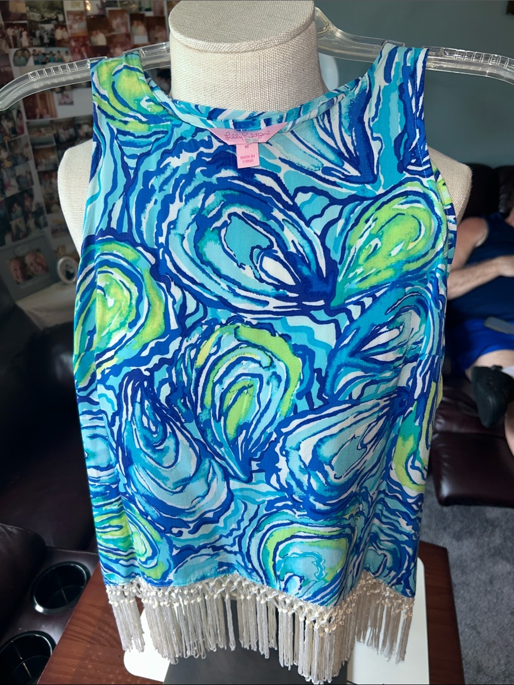 Lilly Pulitzer Blue, Aqua & Lime Swirl Fringe Tank. Size Small NWOT